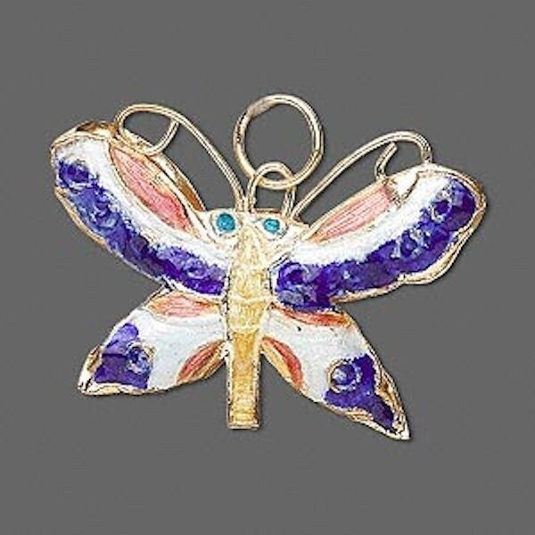 Blue & White Cloisonné Butterfly Charm Pendants 24x35mm, 2 pcs