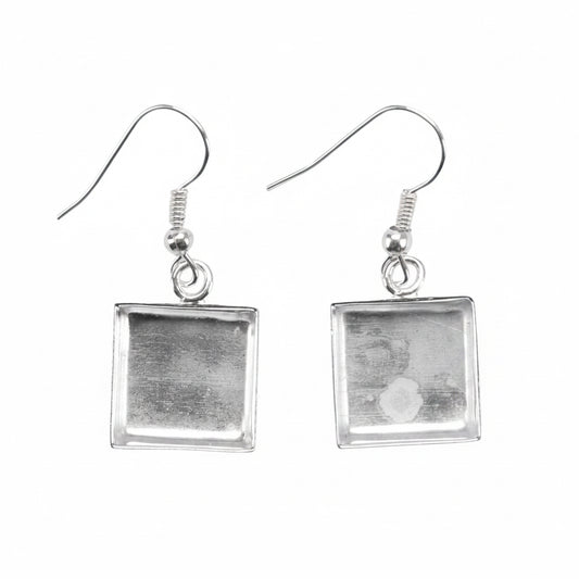 Silver Plated 15x15mm Square Dangle Earring Mounts with Fishhook Ear Wires, 1 Pair