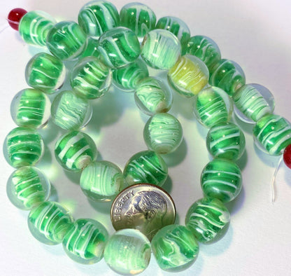 Green Swirl Lampwork Glass Round Beads, 1 Strand (approx. 34-36)
