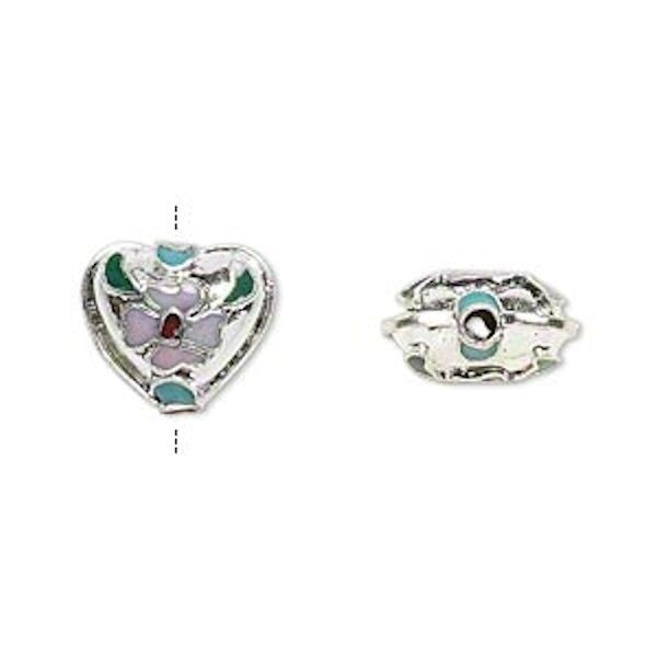 Green & Pink Cloisonné Heart Beads 13x12x6mm, 4 pcs