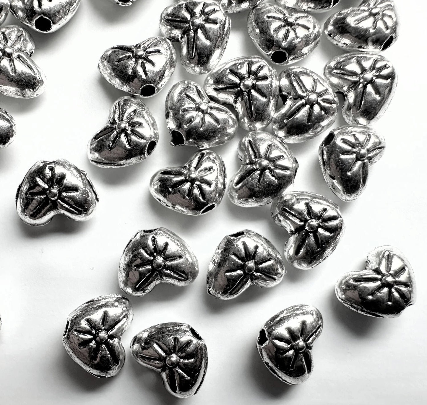 Antiqued Silver Plated Double-Sided Heart with Flower Beads, 8x6mm, 50 pcs