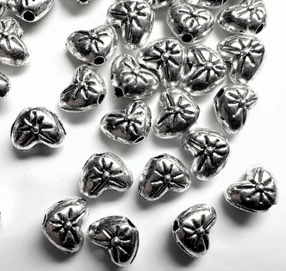 Antiqued Silver Plated Double-Sided Heart with Flower Beads, 8x6mm, 50 pcs