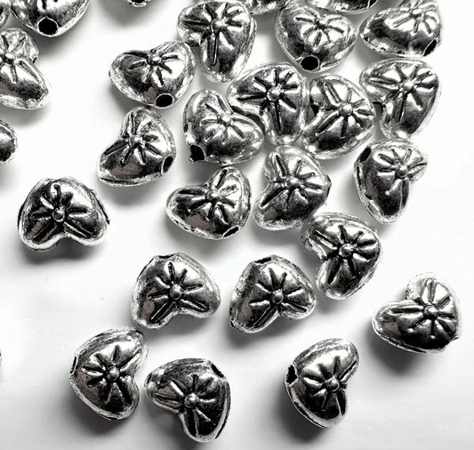 Antiqued Silver Plated Double-Sided Heart with Flower Beads, 8x6mm, 50 pcs