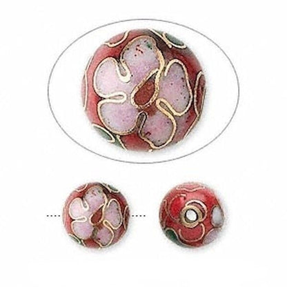 Red, Pink & Green Flower Cloisonné Round Beads 10mm, 10 pcs