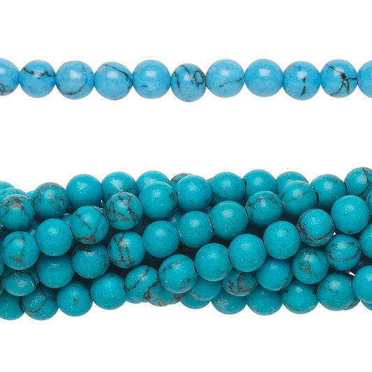 Beads, "Turquoise" (Resin Imitation) Blue 4mm Round, 1 Strand (approx. 100 pcs)