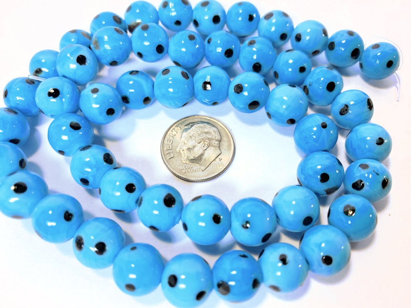Lampwork Glass Turquoise Black Polka Dot 8-10mm Round Beads, 1 Strand (approx. 50)