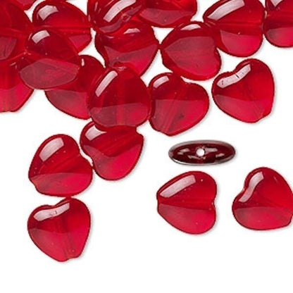 Czech Pressed Glass Heart Beads, Transparent Ruby Red, 1 Strand – 6mm, 8mm, or 10mm