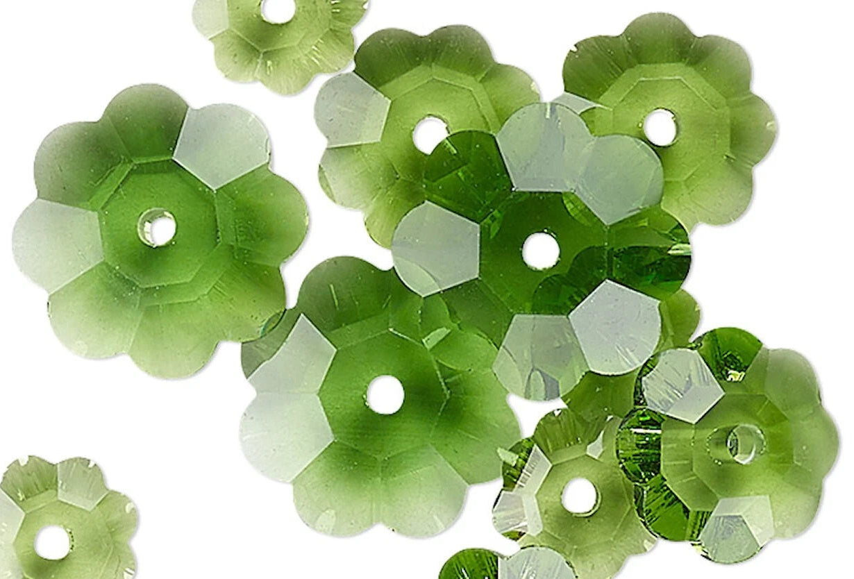 12 Trans Green Margarita Flower Glass Crystal Bead Mix of 3 Graduated Sizes