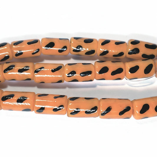 Lampworked Glass Orange & Black Polka Dot Tube Beads, 15-16mm, 1 Strand (approx. 25)