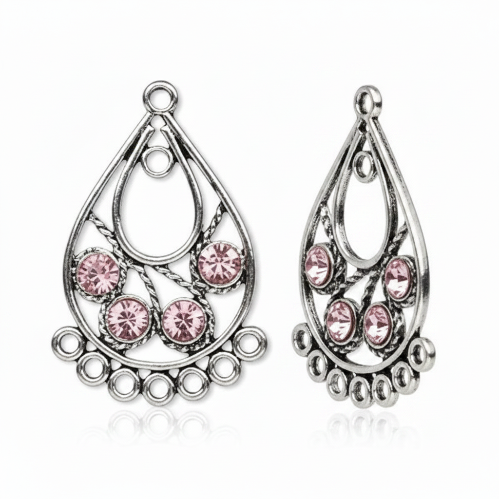 Antiqued Silver Pewter Teardrop Earring Components with Pink Swarovski Crystals — 1 Pair