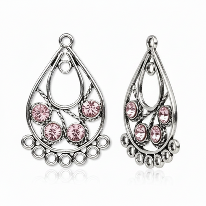 Antiqued Silver Pewter Teardrop Earring Components with Pink Swarovski Crystals — 1 Pair
