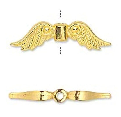 Gold-Plated Pewter Double-Sided Angel Wing Beads, 23x6mm, 20 pcs