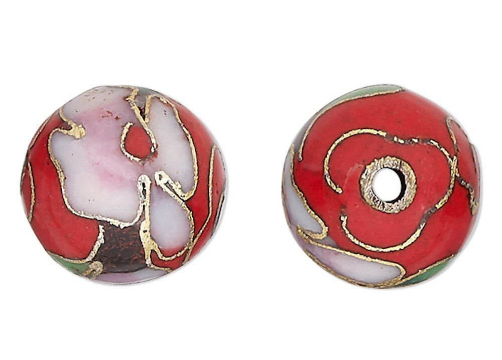 Red, Pink & Green Flower Cloisonné Round Beads 10mm, 10 pcs