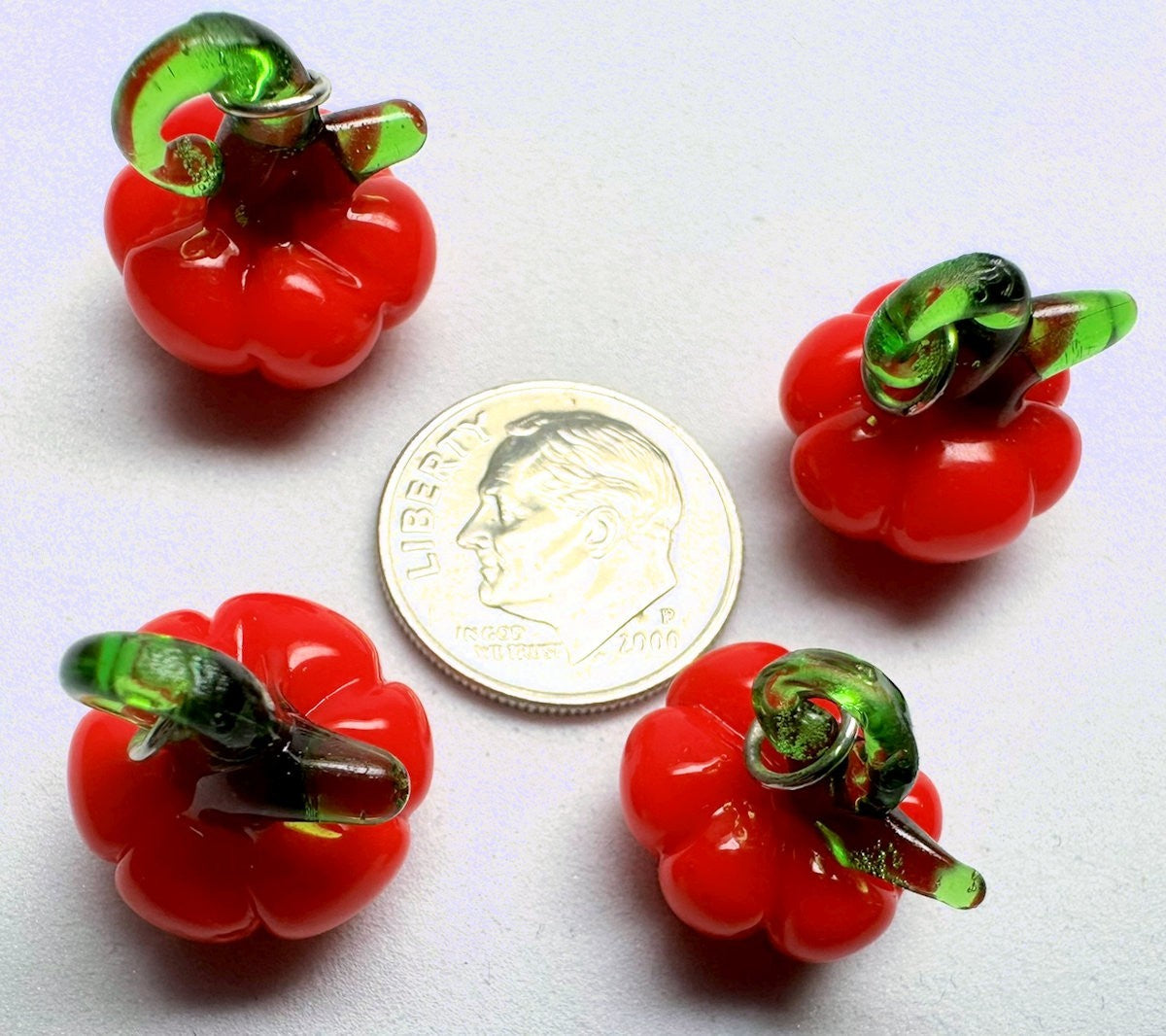Lampwork Glass Pumpkin Charms, Orange & Green, 13-15mm, 4 pcs