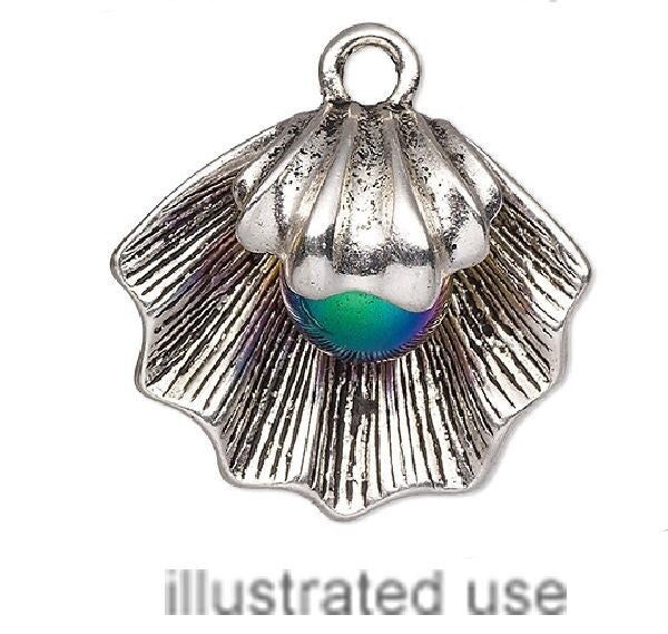 Antiqued Silver Plated Pewter 3D Clam Shell Charm 27.5x25mm (1 pc)