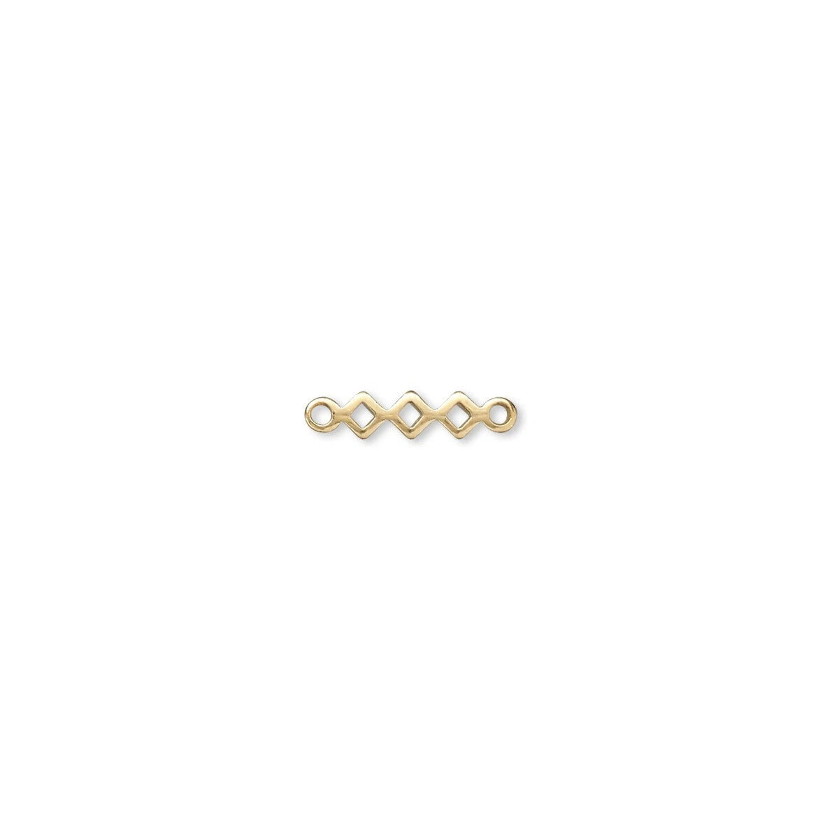 A small gold-toned jewelry finding, specifically a decorative link chain connector with four interlocking diamond shapes and two loop ends, centered on a plain white background.