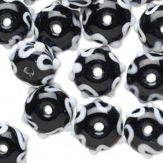 Lampwork Glass Black & White Bumpy 13x9mm Rondelle Beads, 24 pcs