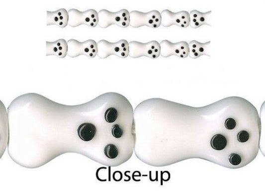 Lampwork Glass Dog Bone Paw Print Beads White & Black 12x20x6mm (22 pc)