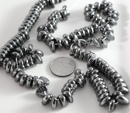 Czech Pressed Glass Hematite Grey Metallic Top-Drilled Leaf Beads 9x8.5mm (50 pc)