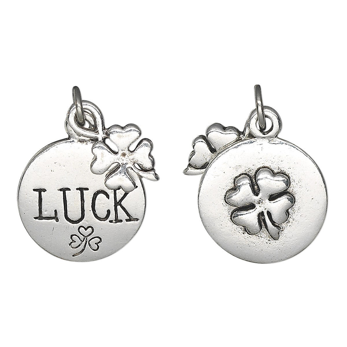 Antiqued Silver Plated Pewter Double-Sided 4-Leaf Clover & LUCK Charm Set