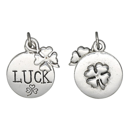 Antiqued Silver Plated Pewter Double-Sided 4-Leaf Clover & LUCK Charm Set