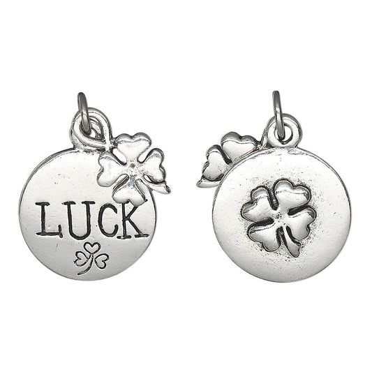Antiqued Silver Plated Pewter Double-Sided 4-Leaf Clover & LUCK Charm Set