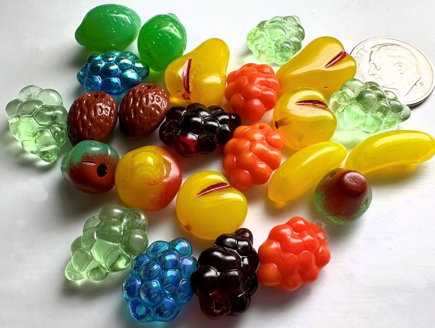 Bead Mix, 24 Glass Fruit Beads Bananas Grapes Pear Apples Limes Melons & More *