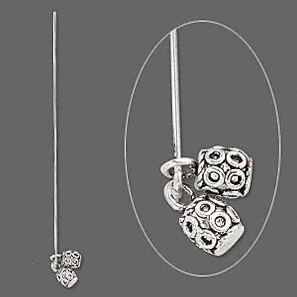 Antiqued Silver Plated Dangle Head Pins, 3-3.5" 7x6mm 18 Gauge - Set of 4