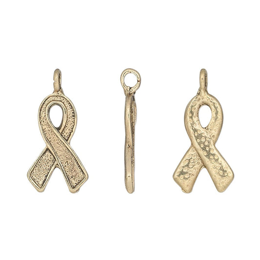 Antiqued Gold Plated Pewter Awareness Ribbon Charms, 17x10mm - 20 pcs