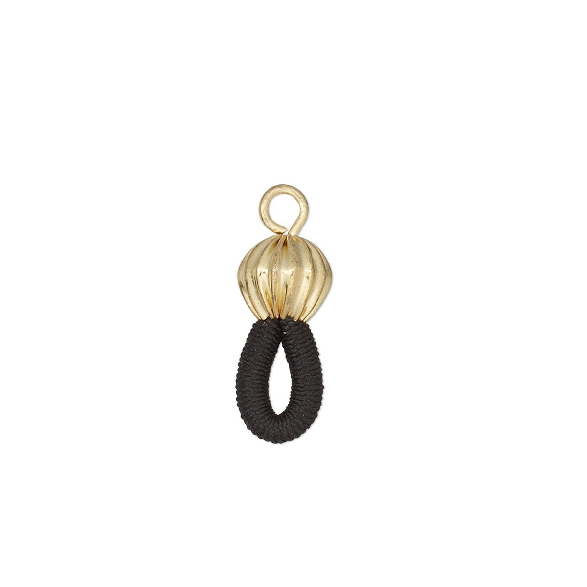 A small jewelry charm or pendant with a gold-tone ribbed teardrop top and loop, attached to a black coiled ring below, shown on a plain white background.