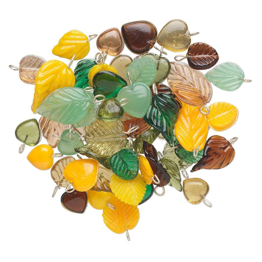 Fall Glass Charm Pendants, Heart & Leaf Mix - Approx. 50-55 pcs