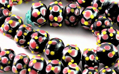 Lampwork Glass Black White Pink & Yellow 9x14mm Rondelle Beads, 10 pcs