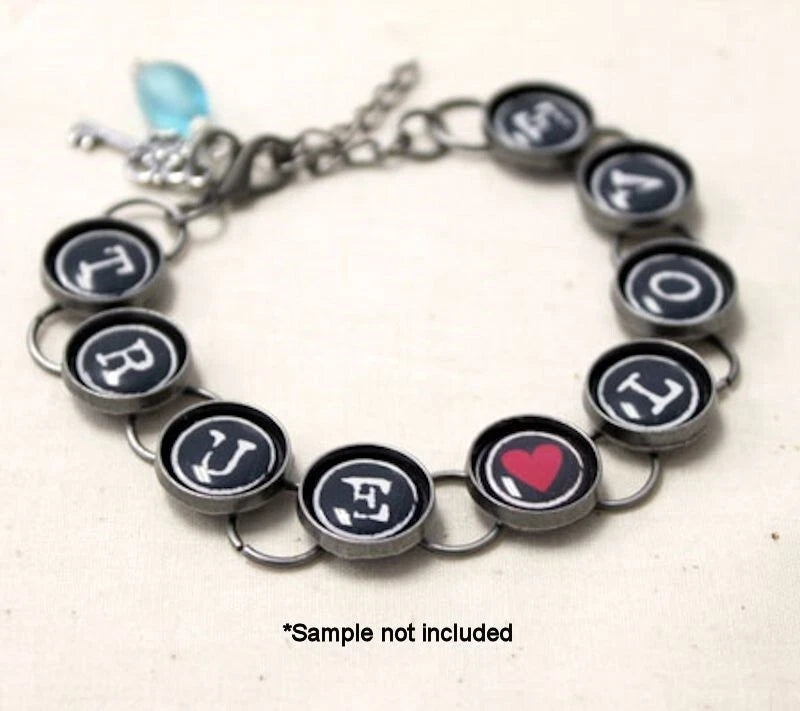 Antiqued Silver Round Bezel Linked Bracelet, 1/2 inch Bezels, 7.5 inch