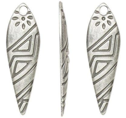 Four silver-toned metal teardrop-shaped findings with engraved geometric and floral patterns, shown on a plain white background.