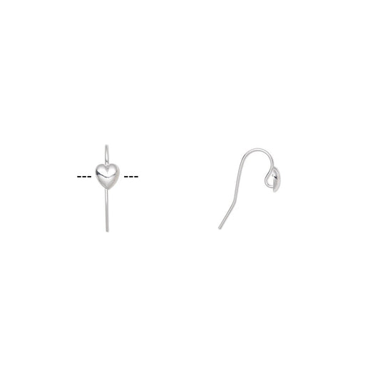 Silver Plated Brass Heart Fishhook Ear Wires, 10.5mm, 10 pcs (5 pairs)