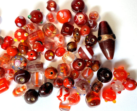 Lampwork Glass Beads, Red Mixed Shapes & Sizes, 3 oz (approx. 60-80 beads)
