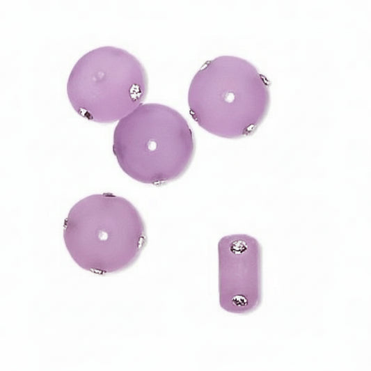 Frosted Purple Resin Rondelle Beads with Swarovski Crystals, 10x5mm, 5 pcs