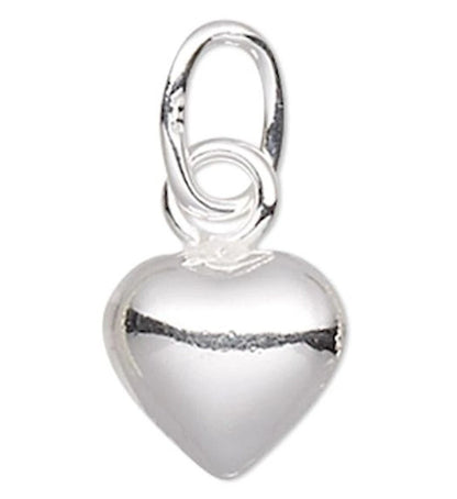 Puffy Heart Drop Charm, Sterling Silver 3D 6x6mm with Jump Ring, 6 pcs