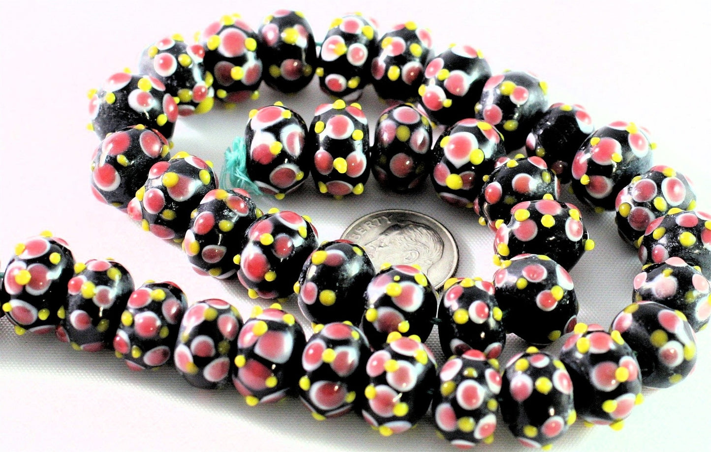 Lampwork Glass Black White Pink & Yellow 9x14mm Rondelle Beads, 10 pcs
