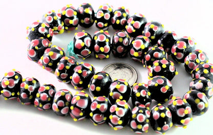 Lampwork Glass Black White Pink & Yellow 9x14mm Rondelle Beads, 10 pcs