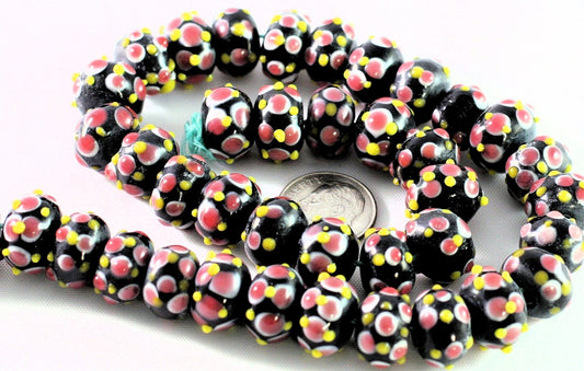 Lampwork Glass Black White Pink & Yellow 9x14mm Rondelle Beads, 10 pcs