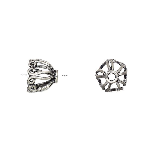 Antiqued Sterling Silver Scroll Design Bead Caps, 11x8.5mm, 6 pcs