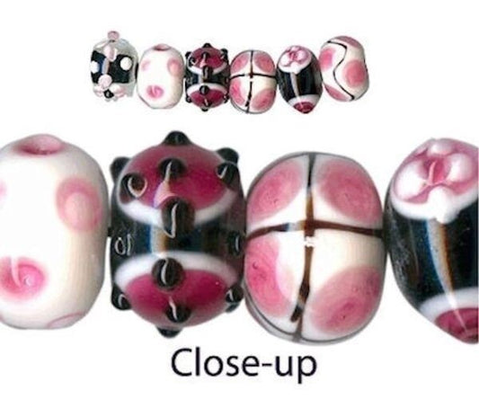 Lampwork Glass Pink Black White Floral 10x14mm Rondelle Beads, 12 pcs