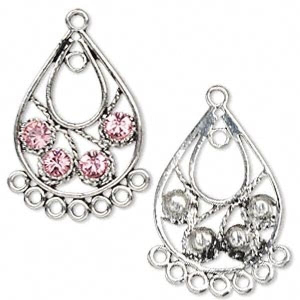 Antiqued Silver Pewter Teardrop Earring Components with Pink Swarovski Crystals - 2 Pieces
