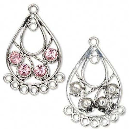 Antiqued Silver Pewter Teardrop Earring Components with Pink Swarovski Crystals - 2 Pieces