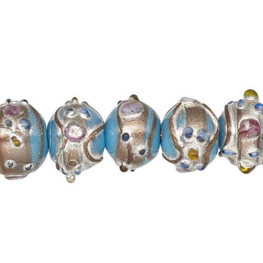 Lampwork Glass Rondelle Beads, Turquoise with Silver & Gold Foil Accents, 11x13mm, 30 pcs