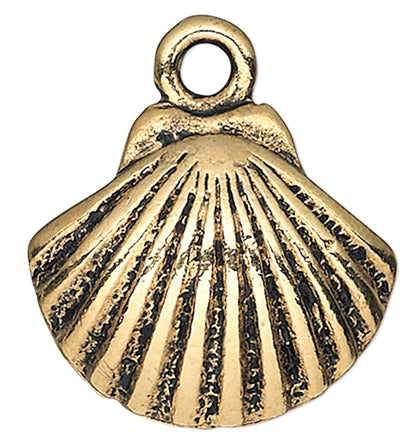 Antiqued Gold-Plated Pewter Shell Charms, 15x14mm, Single-Sided, 10 pcs
