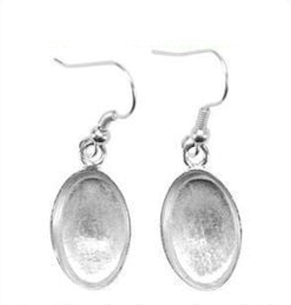 Silver Plated 12x18mm Oval Dangle Earring Mounts with Fishhook Ear Wires, 1 Pair