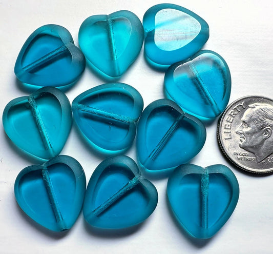 Czech Teal Blue Pressed Glass Heart Focal Beads, 16x15mm, 10 pcs