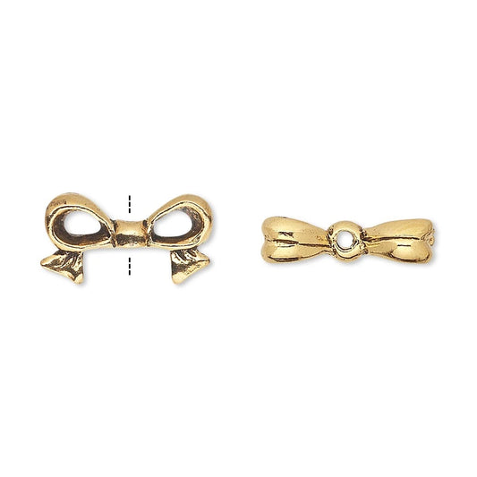 Antiqued Gold Plated Pewter 3D Bow Topper Beads, 16x9mm, 4 pcs